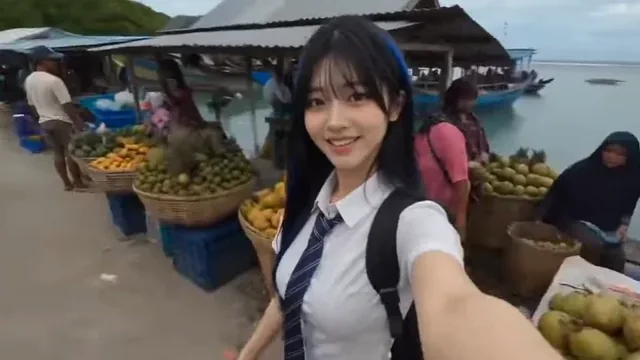 An Indonesian woman in her late 20s smiles and walks through an island market, bakery, and beach, captured in a shaky, grainy, warm-toned home video style.