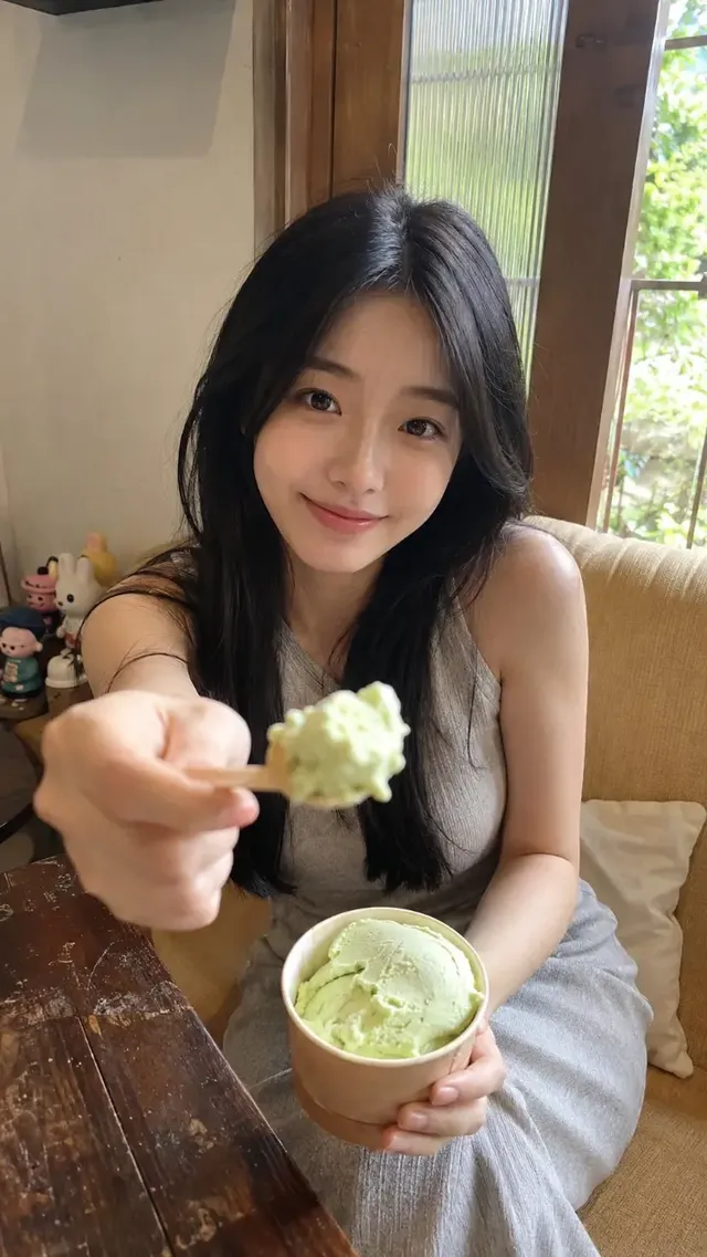 Young Asian woman with black hair, wearing a grey knit dress, sits by a window in a dessert shop and offers a spoonful of green ice cream to the viewer.