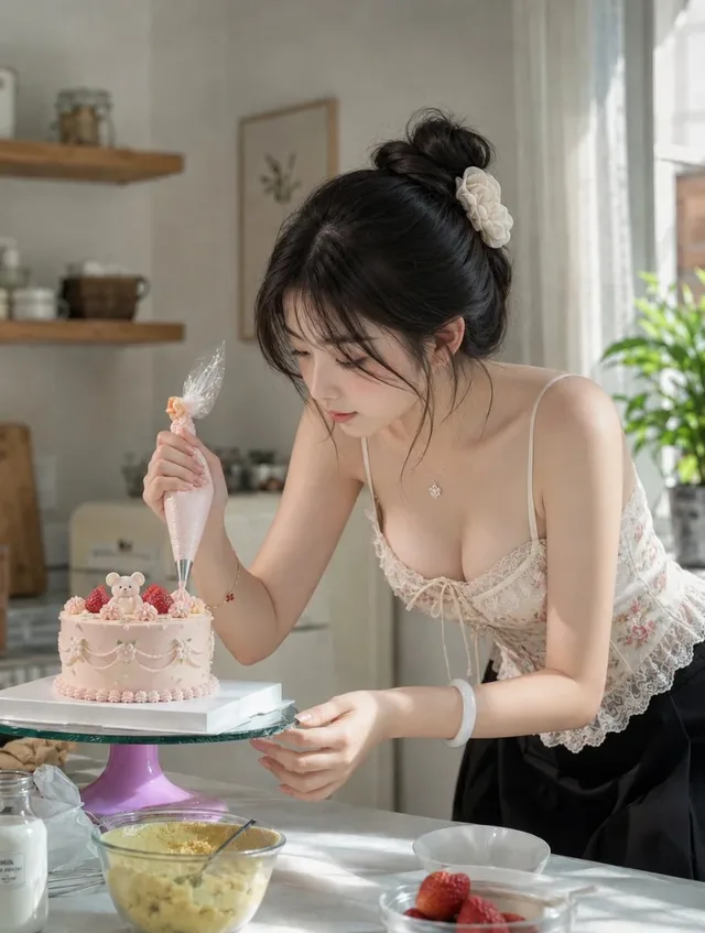 A woman in a floral camisole decorating a pink cake with cream, strawberries, and a small bear figurine, in a bright kitchen. Close-up shot focusing on her hands and the cake.