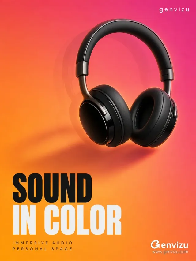 A commercial product poster for headphones, with a black over-ear headphone against a vibrant orange to magenta gradient background. Text 'SOUND / IN COLOR' is prominent.