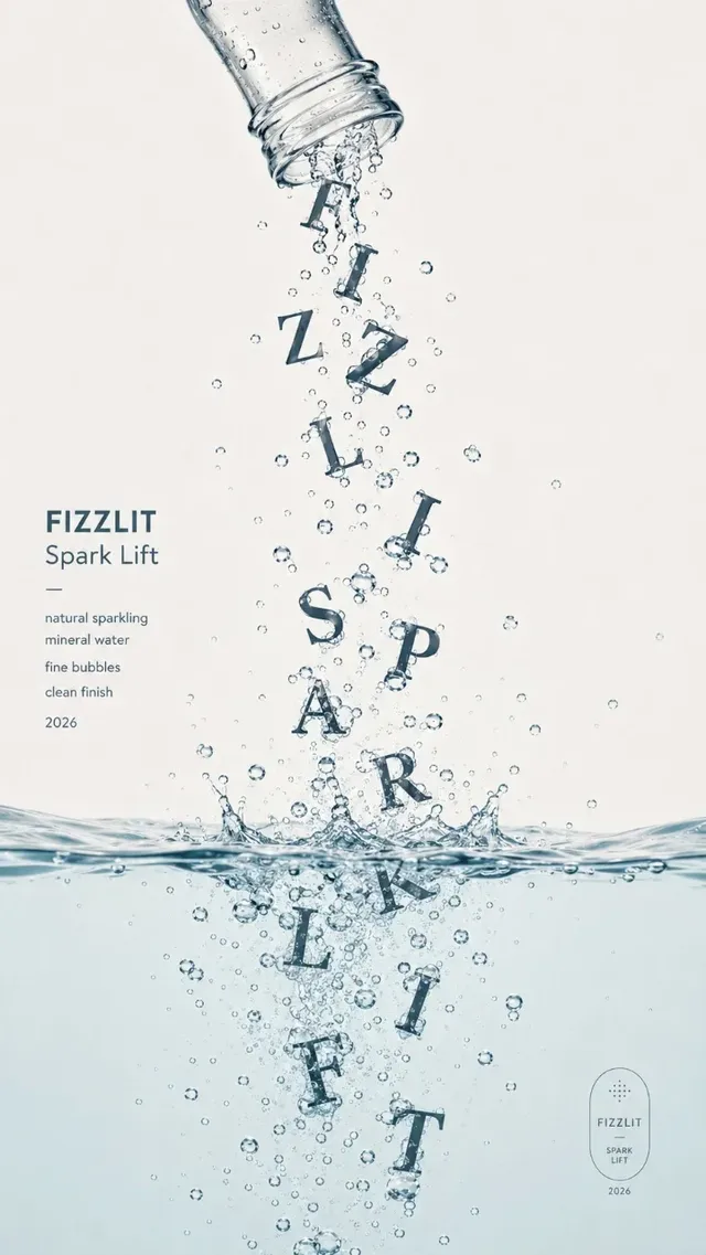 An experimental typography poster with letters pouring out of a container and interacting with a liquid surface, showing refraction and fluid dynamics.
