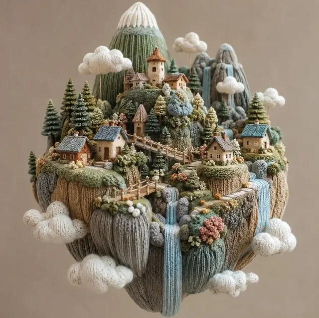 An enchanting diorama of a floating alpine village made from various fiber art materials like wool, yarn, and felt, suspended in soft clouds.