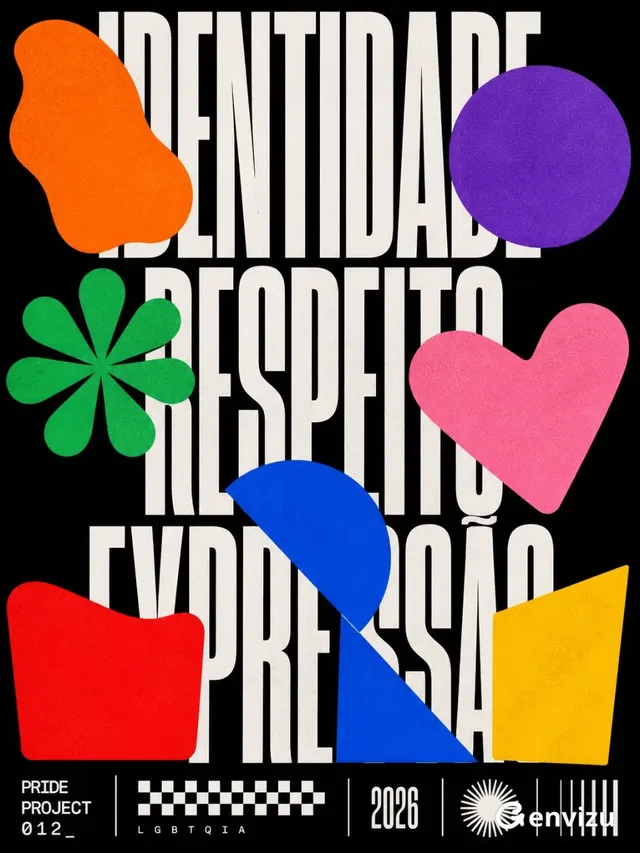 Aggressive modernist pride poster with stark white sans-serif typography 'IDENTIDADE', 'RESPEITO', 'EXPRESSÃO' on a black background, partially obscured by bold, abstract geometric color blocks in orange, purple, green, pink, blue, red, and yellow. A detailed information band is at the bottom.