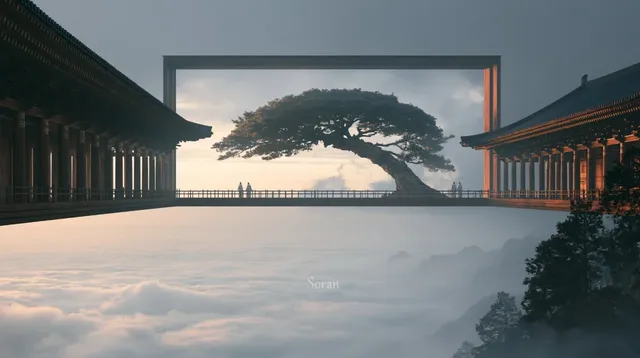 A monumental ancient East Asian wooden corridor stretches horizontally, featuring a giant windswept pine framed within a large central opening. Tiny figures provide scale on a terrace high above a vast cloud sea, evoking a serene, solemn fantasy atmosphere.