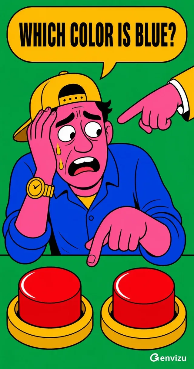An anxious pink man with a mustard cap and blue shirt sweats over two identical red buttons, while a pointing hand emerges from the top right. A speech bubble above asks 'WHICH COLOR IS BLUE?'.