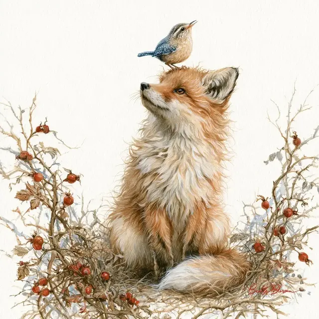 A charming gouache illustration of a patient rusty-orange fox cub with a tiny wren perched on its fluffy head, framed by brambles and rosehips.
