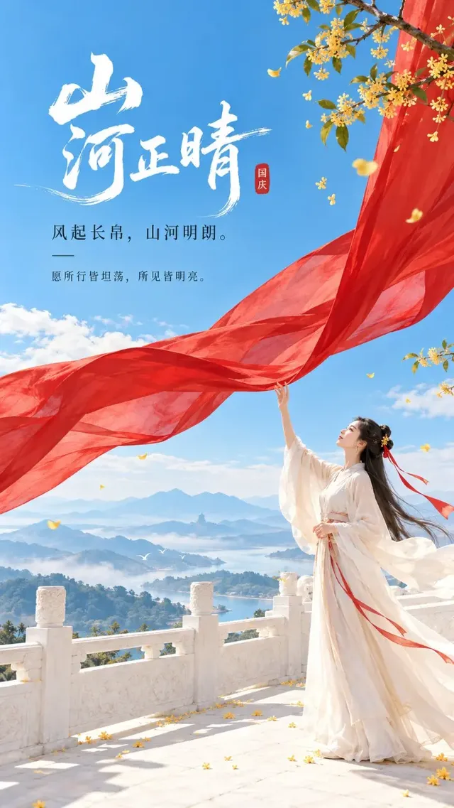 An ancient-style woman standing on a white platform, looking at a red silk ribbon against a clear blue sky, in a minimalist National Day poster design.