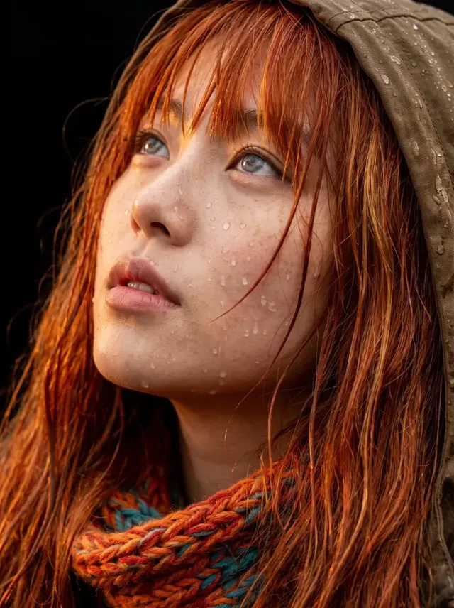 Close-up portrait of a young woman with wet copper-red hair, freckled skin, and tiny raindrops against a solid black background.