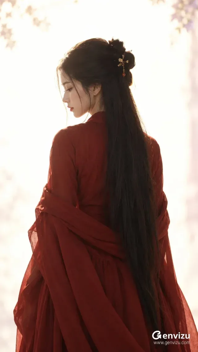 A cinematic portrait of a young Chinese woman in a dark vermilion robe seen in profile against a bright ivory-white background.