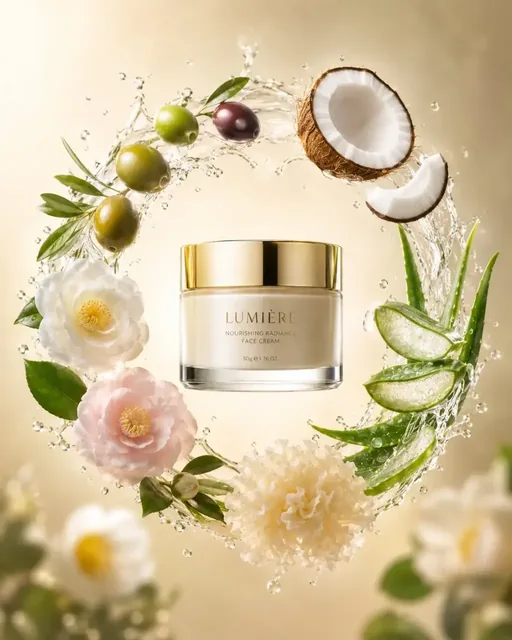 A high-end product is centered on a poster, surrounded by a ring of floating natural ingredients, presented in a luxurious advertising style.