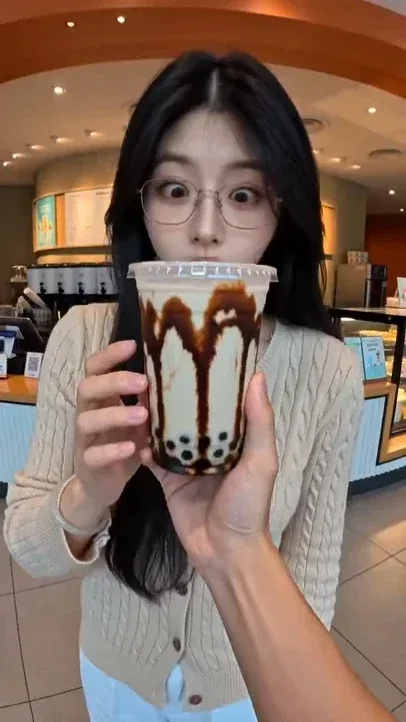 Woman appears suddenly in six different food scenes, frozen mid-action like a mannequin, interacting with food like milk tea, BBQ, hotpot, pizza, lava cake, and burger.