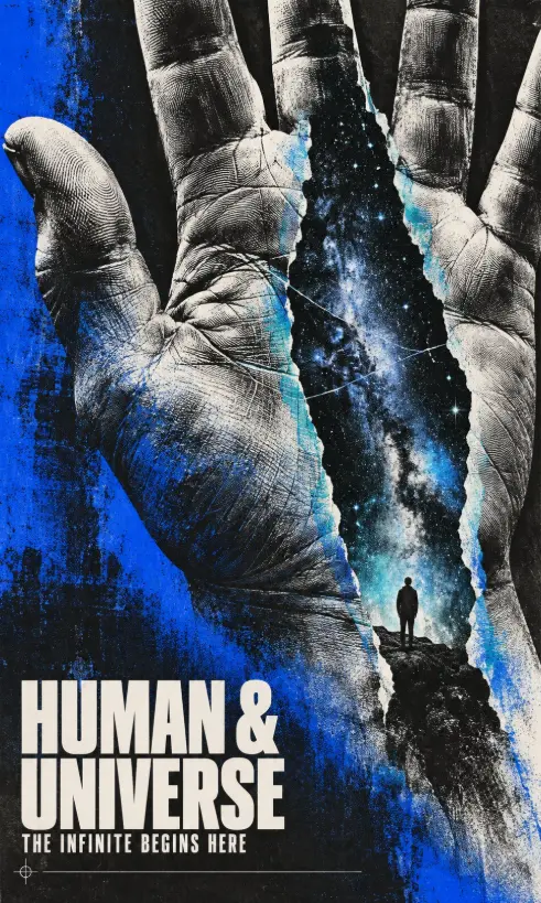 A stark, high-contrast black and white editorial poster featuring a colossal human hand with a torn aperture in the palm revealing a starfield, with limited cobalt and cyan color accents.