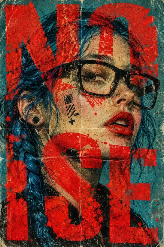 Grunge mixed media portrait of a young woman with blue braids and red typography, featuring distressed textures, paper folds, and halftone patterns.