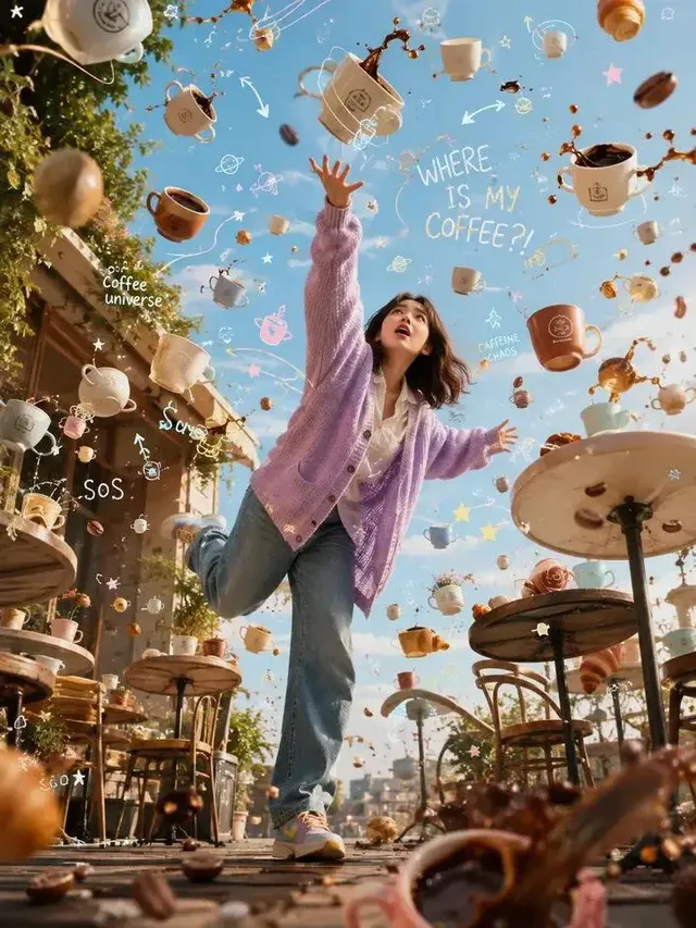 A woman stands bewildered in a giant coffee cup filled with coffee, a croissant splashes nearby, while she holds a tiny cup. Playful doodles surround the scene.