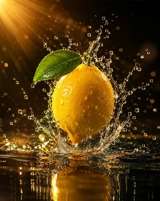 A single, perfectly ripe lemon suspended in mid-air as it bursts through crystal-clear water, illuminated by dramatic golden hour sunlight, creating an explosive splash with sharp water droplets.