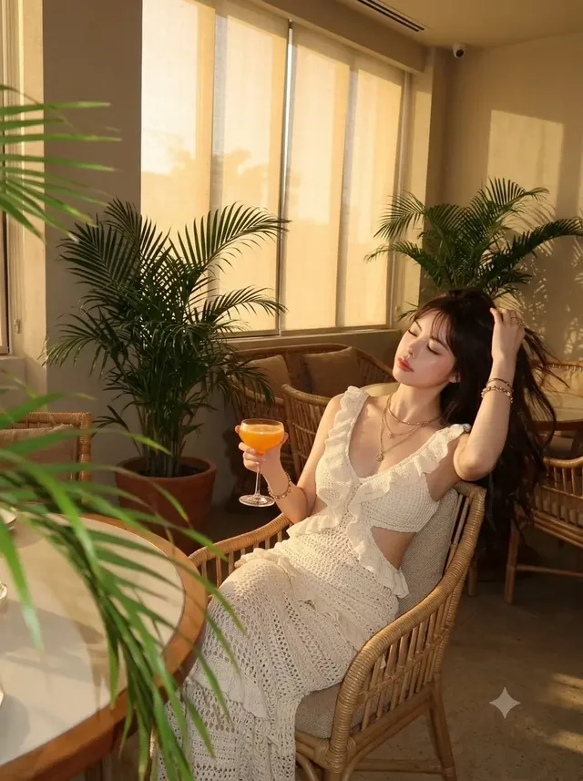 Adult woman with dark hair and a crochet dress reclines in a rattan chair, eyes closed, holding an orange drink, in a Y2K-style golden hour photo with Dutch tilt and strong sunlight.
