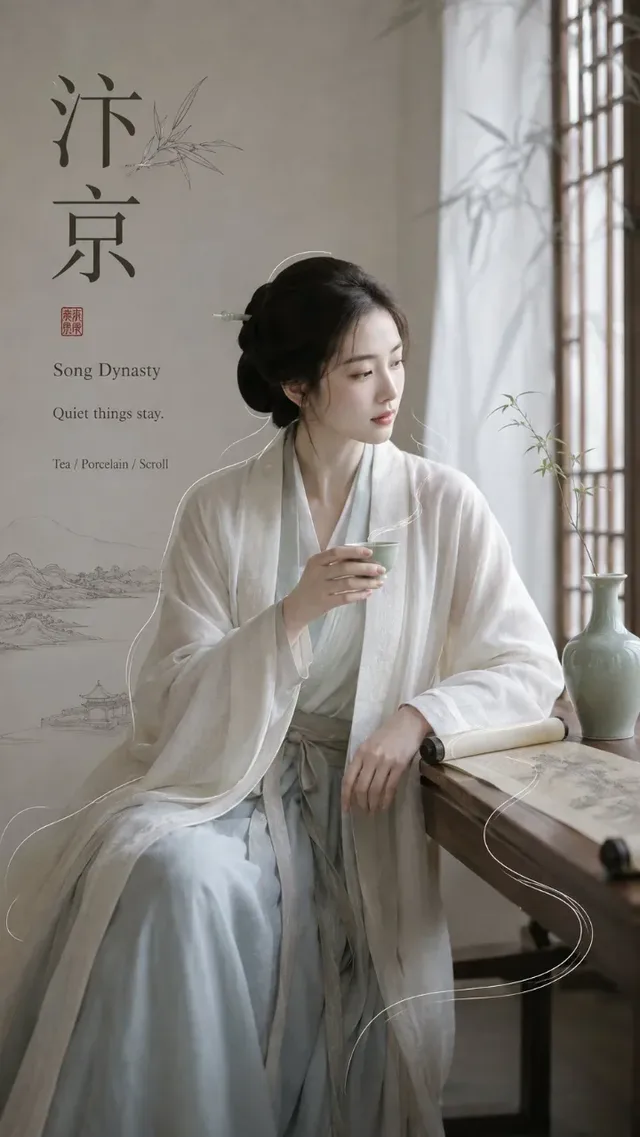 Editorial poster of an elegant East Asian woman in traditional attire, with delicate hand-drawn lines accentuating her form and antique artifacts integrated into the composition.