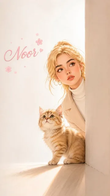 A blonde girl with freckles and a messy ponytail, wearing a cream turtleneck and beige coat, peeks from behind a wall with a curious upward gaze, next to a fluffy golden tabby kitt