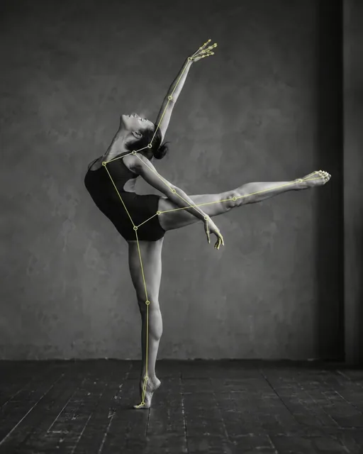 A female dancer in a dramatic pose, captured in black and white, with thin neon yellow lines outlining her body like a technical sketch.