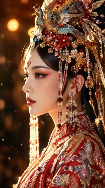 Vertical close-up portrait of a Chinese opera beauty with detailed red makeup, a phoenix headdress, and glowing rim light.