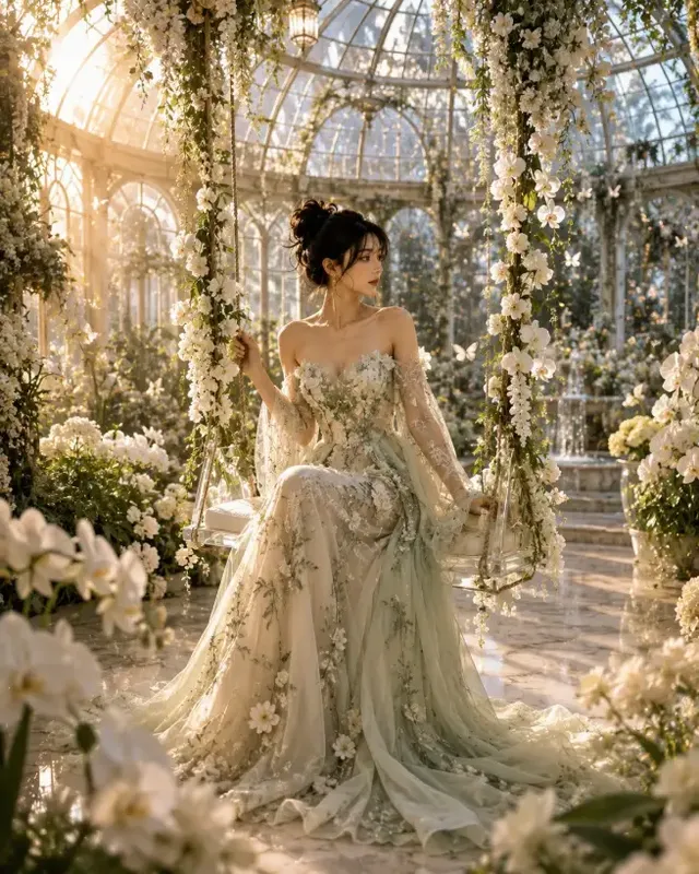 Ultra-realistic portrait of a woman with soft bangs and a messy bun, wearing an ivory couture gown, sitting on a floral swing in a sunlit Victorian greenhouse filled with white flowers.