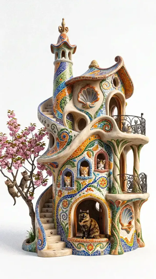 A highly detailed architectural model of a Gothic cat house, complete with intricate stonework, towers, and balconies. Two kittens play in a nearby tree, while an adult cat poses at the entrance and tiny kittens peek from windows. Set against a pure white background with soft shadows.