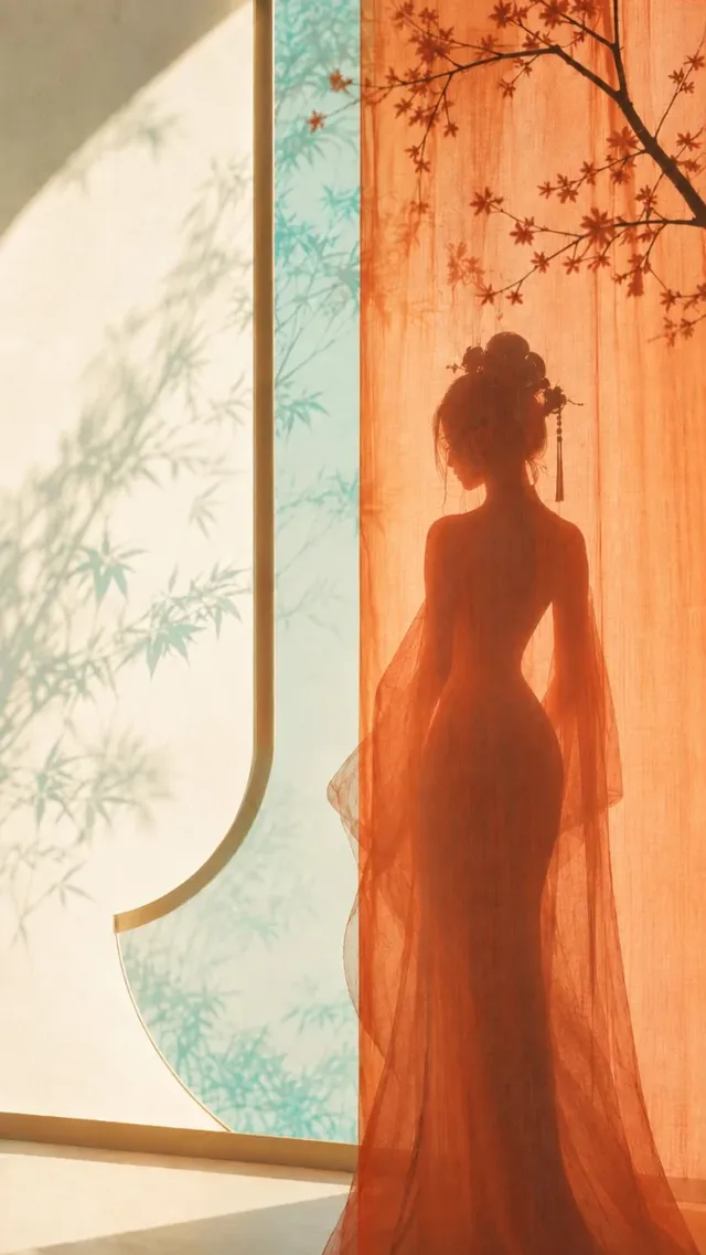 A minimalist poster with a woman's silhouette behind a sheer, orange-tinted curtain. Blue-green tree shadows are visible outside against a warm white wall.