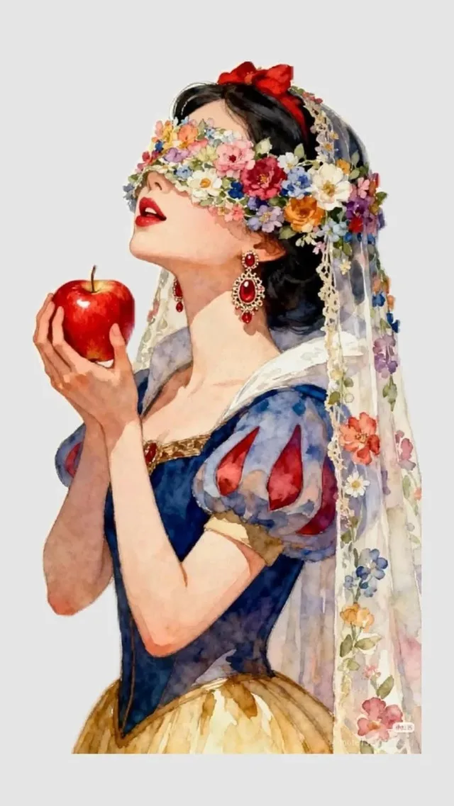A graceful woman in a vintage watercolor style, her face obscured by a veil of tiny wildflowers, holding a red apple. She wears a flowing dress with autumn colors and golden details.
