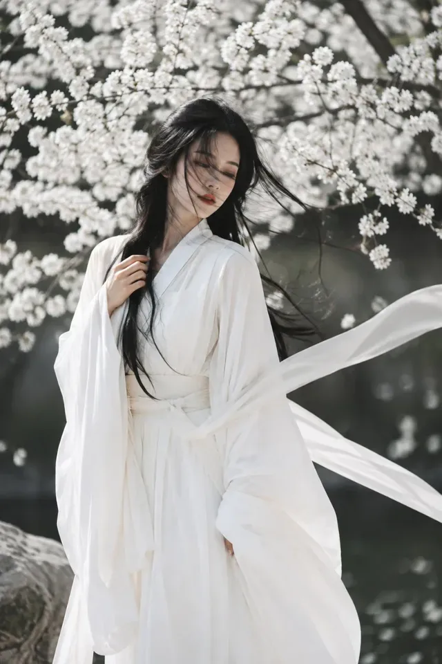 A young East Asian woman with long black hair, wearing a simple white ancient-style robe, stands in profile with her head bowed. A spring breeze blows her hair and a long white ribbon across the frame. She is surrounded by blooming white flowers.