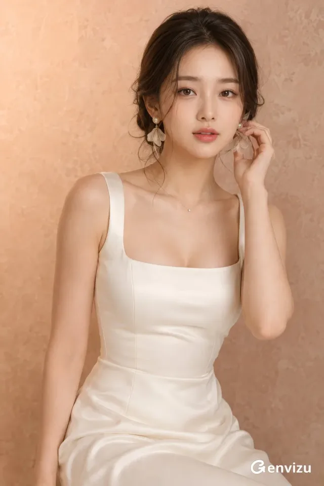 Vertical 2:3 portrait of an adult East Asian woman with warm ivory skin, gray-brown eyes, and dark hair in a low chignon, wearing an ivory satin dress and pearl earrings. She gently touches an earring. Soft beauty lighting, shallow depth of field.