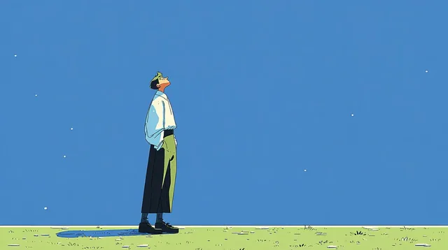 A person looking up at a clear blue sky with a few distant stars, standing on a grassy field.