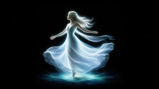 A subject emitting a soft glow against a black background, illuminated from below by blue-green light.