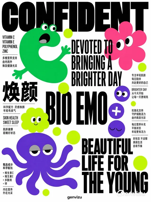 Experimental beauty poster with large black sans-serif title 'CONFIDENT', colorful characters, and dense Swiss-inspired typography on a white background.