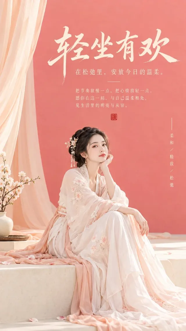 An oriental minimalist vertical cover featuring a serene ancient-style woman sitting gracefully against a coral pink and cream background.