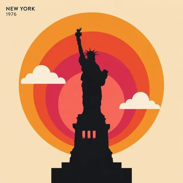 Minimalist retro travel poster with a silhouette against a vintage sunset made of concentric arches, 1970s aesthetic.