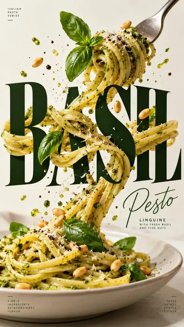 A vertical editorial poster featuring gourmet food intertwined with giant serif typography on a warm ivory background.