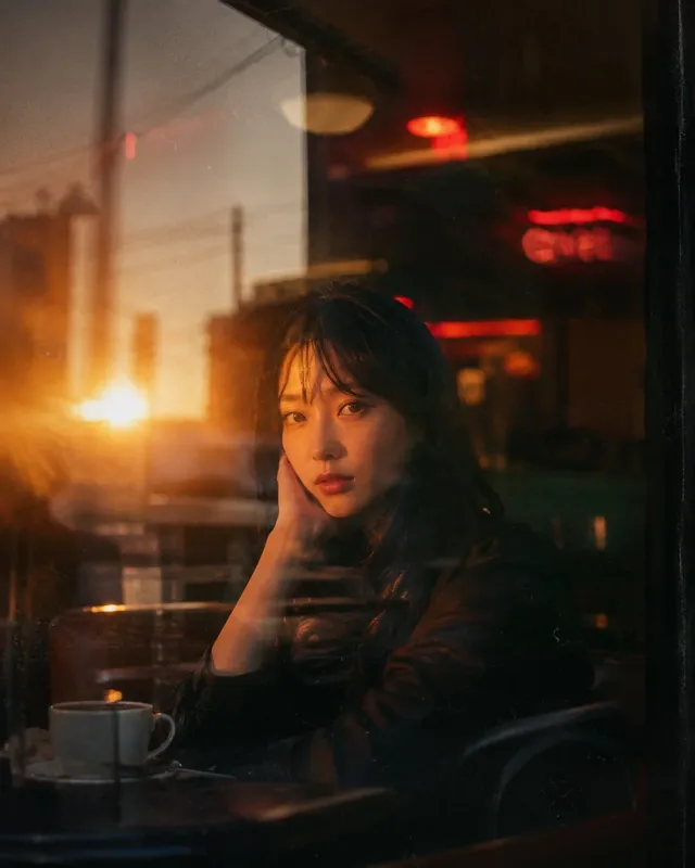 Cinematic portrait of a young woman in a vintage cafe at golden hour, light streaming through a rainy window, holding a coffee cup, with warm bokeh and film grain.