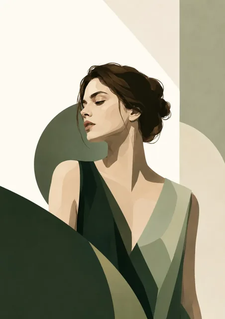 Minimalist portrait illustration with geometric planes and smooth contours, in a palette of forest green, sage green, moss green, and cream white, with significant negative space.