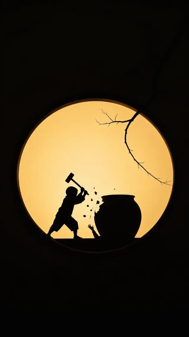 A striking minimalist composition featuring a sharp black silhouette against a luminous geometric shape, evoking traditional Chinese art principles of negative space and balance.