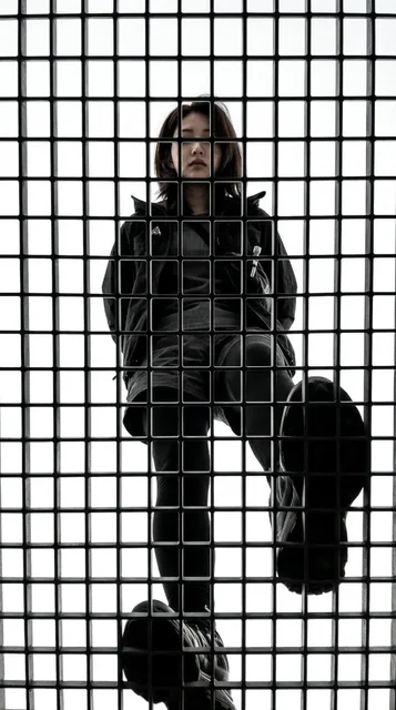 A figure in athletic wear is viewed from directly below through a black metal grid, with one foot closer and larger due to perspective. The face is small and partially obscured by the grid.