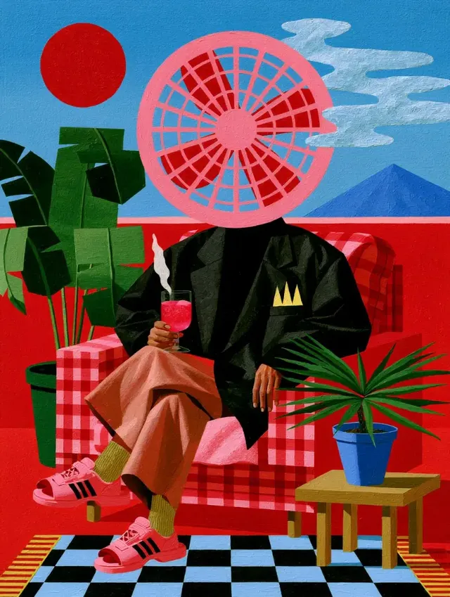 A surrealist painting of a person with a pink fan for a head, holding a pink drink, sitting on a red and white checkered couch with tropical plants and a red sun in the background.