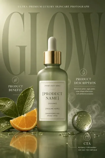 A luxurious frosted sage green serum bottle with a brushed gold cap rests on a reflective surface, set against a gradient background with subtle 'GLOW' text. Citrus leaves and drop