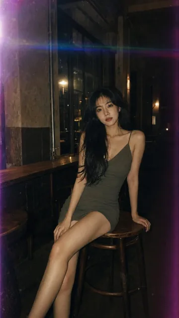 A young East Asian woman with long, dark, curly hair sits on a round wooden stool in a dimly lit retro bar, wearing a dark olive spaghetti strap dress, bathed in warm light with pu