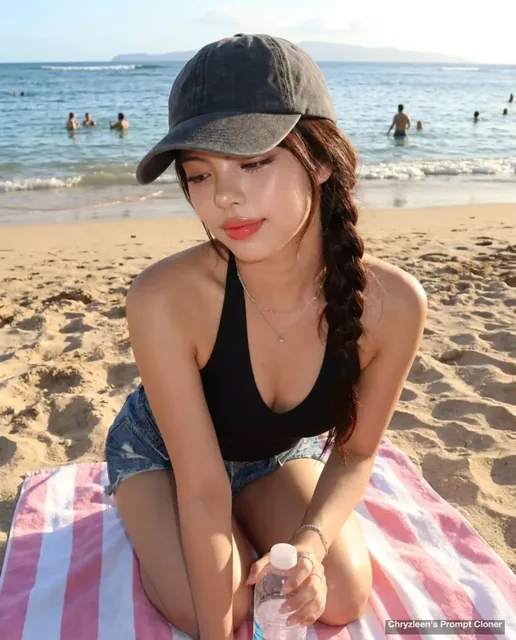 A woman kneeling on a beach towel on a tropical beach, wearing a baseball cap and halter top, holding a water bottle, with a relaxed expression.