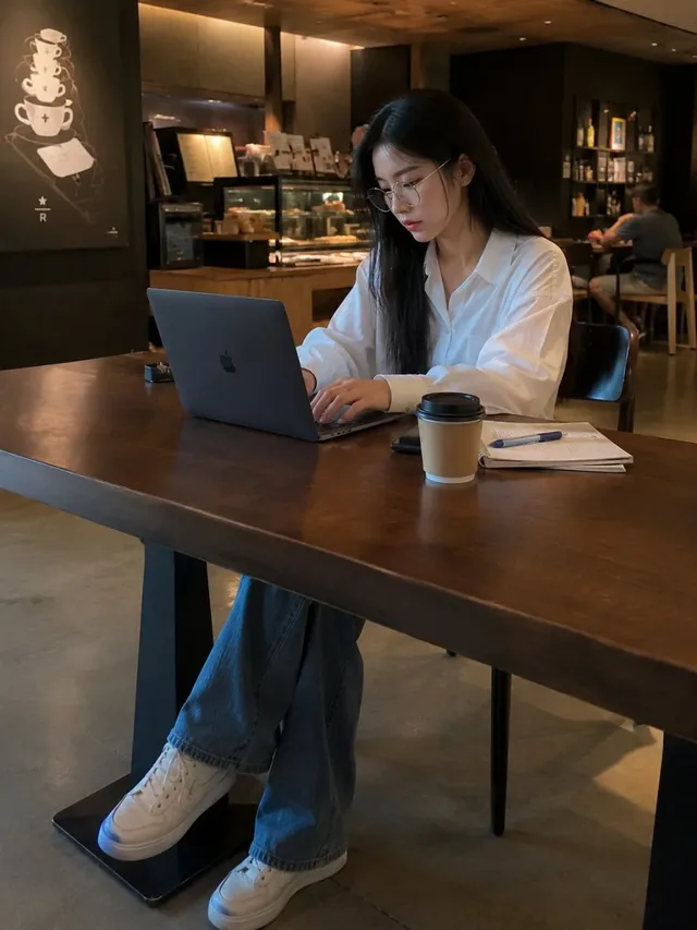 A focused young woman with long black hair and round glasses works on a laptop at a wooden table in a modern cafe, with a coffee cup nearby. Soft lighting and shallow depth of field create a cozy, professional atmosphere.