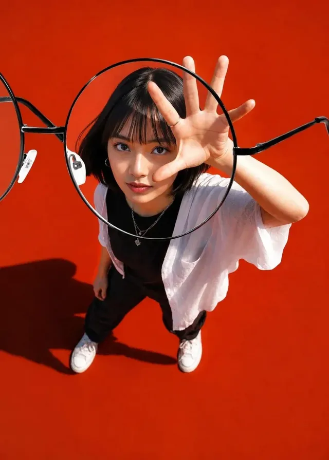 Top-down ultra-wide shot of a model with a sleek bob haircut wearing oversized round glasses, reaching a hand towards the camera against a terracotta background.