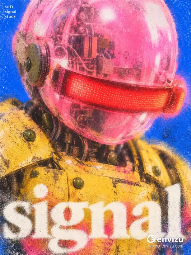 Close-up poster of a retro mechanical messenger robot with a pink glass head, glowing red visor, and textured printed halftone details.