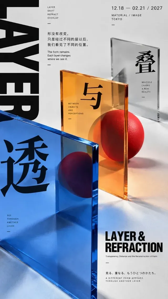 Experimental vertical poster with bold colors and diagonal elements, showcasing a transformation from photography to graphic elements and incorporating print textures.
