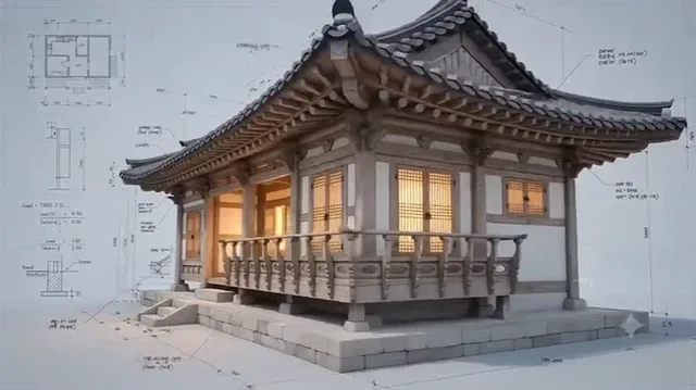 Cinematic 3D architectural visualization of a Korean Hanok house, displayed on a technical blueprint background with schematic details and a rainbow scanning light effect.