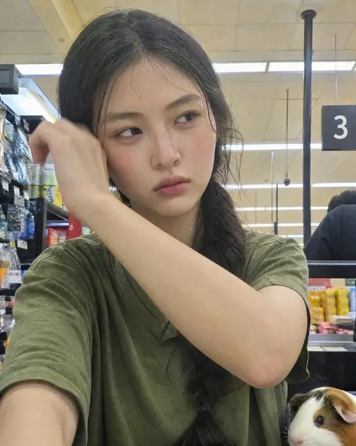A young Korean woman in a grocery checkout line, dabbing sweat from her temple, with a slightly tilted frame and harsh overhead lighting.